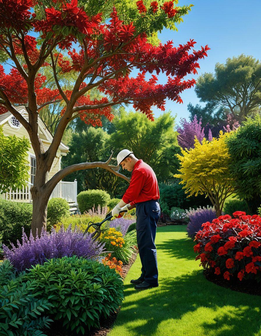 A serene garden featuring a variety of healthy trees, with a professional arborist in action, pruning branches with precision. Surrounding the scene, lush landscaping embellished with vibrant flowers and greenery, inviting the viewer into a tranquil outdoor space. The sky above is clear and bright, enhancing the vivid colors of the landscape. super-realistic. vibrant colors. harmonious composition.