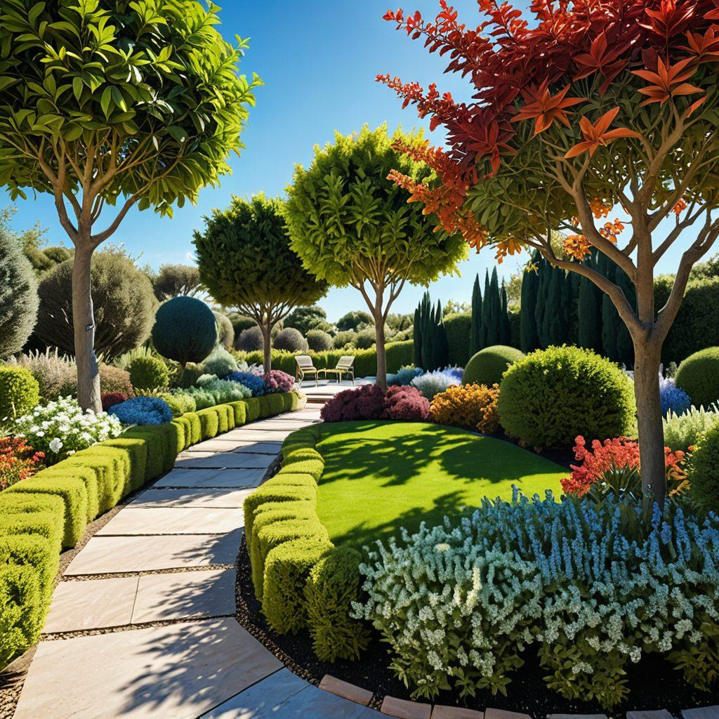 A beautifully landscaped garden showcasing a variety of expertly pruned trees, contrasting colors of foliage, and an inviting pathway. In the foreground, a gardener thoughtfully trims a tree while enjoying the serene view. The background features a soft-focus of rolling hills and a bright blue sky, emphasizing outdoor aesthetics. The scene should radiate tranquility and harmony with nature. super-realistic. vibrant colors. 3D.