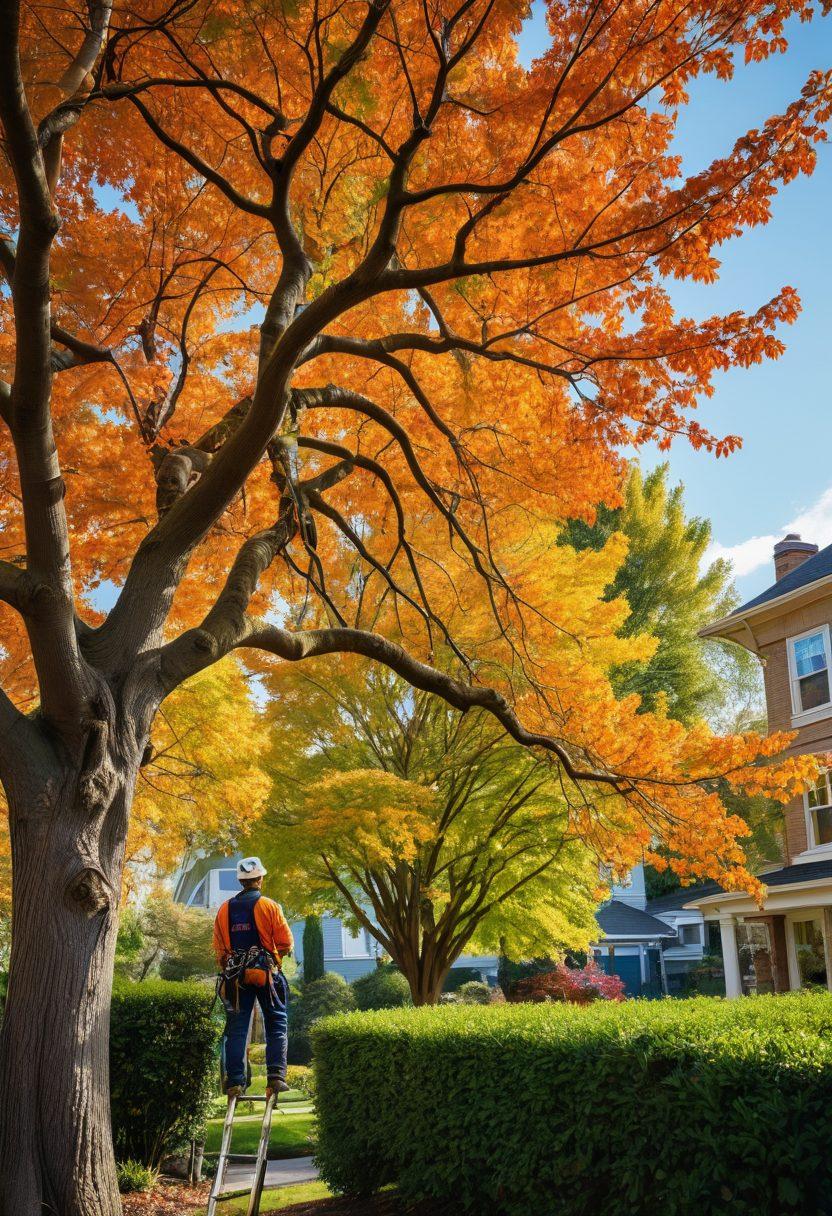 A professional arborist in safety gear skillfully pruning a large, healthy tree near a beautifully landscaped home, showcasing various tree species and vibrant foliage. The background features a clear sky and a hint of a cityscape, emphasizing the importance of tree care in urban settings. Focus on the connection between nature and home safety, creating a serene yet dynamic environment. super-realistic. vibrant colors.